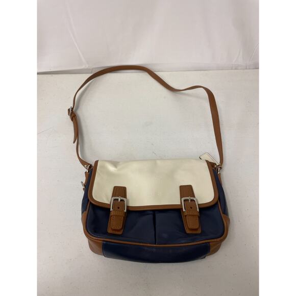 Coach Park Women Colorful Color Block Leather Crossbody Satchel Bag Navy Tan - Picture 2 of 8